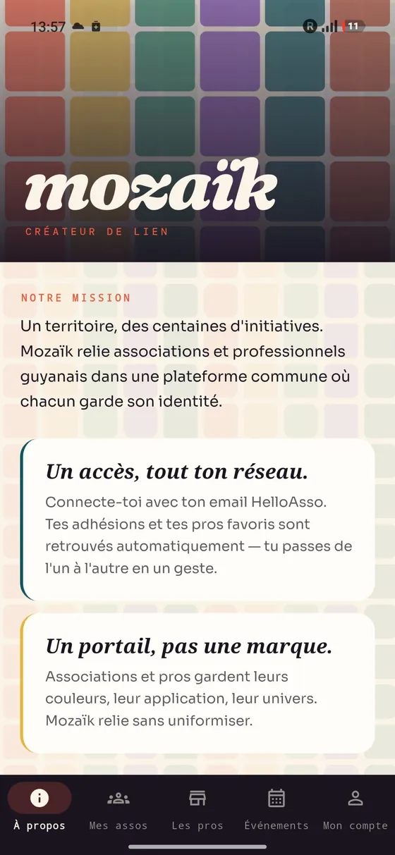 L'écran d'accueil de Mozaïk : « Un territoire, des centaines d'initiatives ».