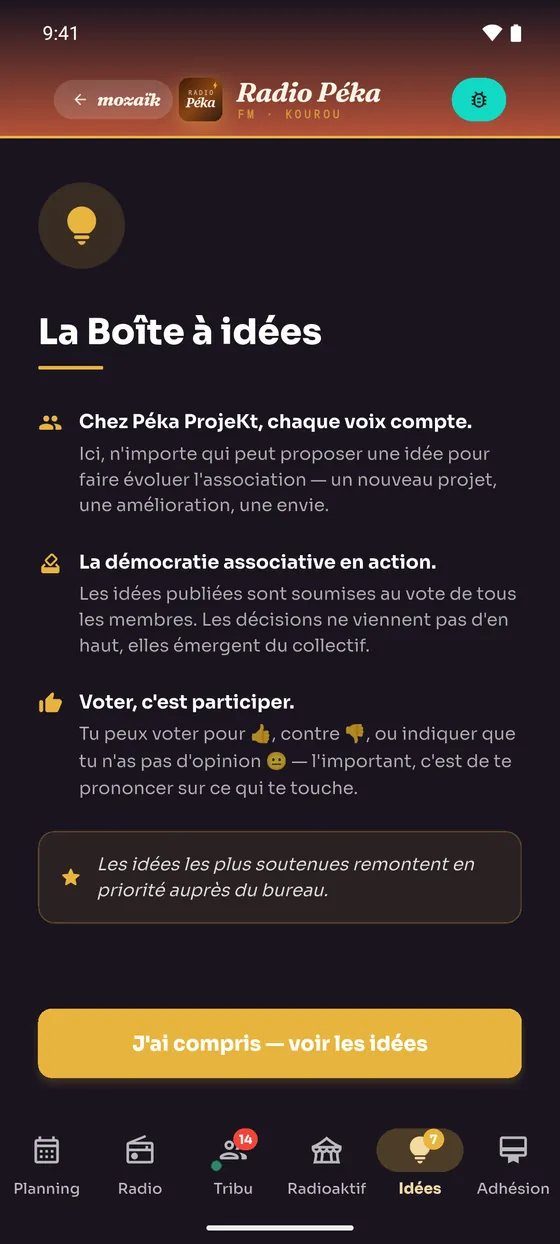 La boîte à idées de Radio Péka : chaque voix compte, les idées sont soumises au vote des membres.