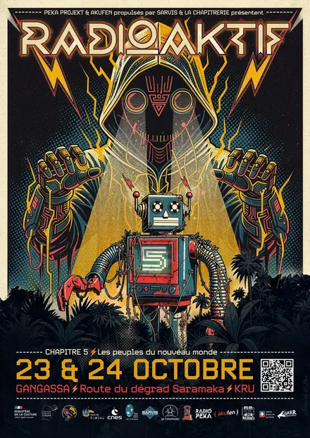 L'affiche officielle de Radioaktif, chapitre 5 : un robot surgit de la forêt sous un ciel d'éclairs.